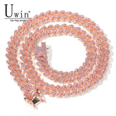 Uwin S-Link Miami RoseGold Color 12mm Cuban Link Pink Rhinestone Necklace Chain Full Bling Punk Bling Bling Charm Hiphop Jewelry