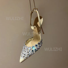 Silver Large Crystal Diamond Heels Sandals Shiny Women Red Leather Gold Slingback Pointed Toe Stiletto Black Bling Shoes Slip On