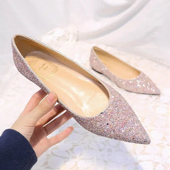 New Fashion Women Flats Pointed toe Brand Ladies Bling Shoes Flat Elegant Pink Gold Silver Big Size 42 DX084