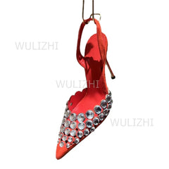Silver Large Crystal Diamond Heels Sandals Shiny Women Red Leather Gold Slingback Pointed Toe Stiletto Black Bling Shoes Slip On