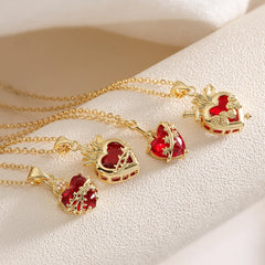 NEWBUY Fashion Gold Color Chain Red Crystal Heart Pendant Necklaces For Women Bling Bling Jewelry