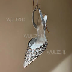 Silver Large Crystal Diamond Heels Sandals Shiny Women Red Leather Gold Slingback Pointed Toe Stiletto Black Bling Shoes Slip On