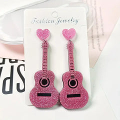 Colorful Bling Bling Guitar Design Dangle Earrings Simple Classic Style Acrylic Jewelry Music Festival Earrings