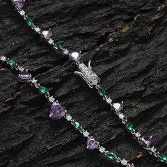 Women Bling Bling Purple Heart Stone Necklace Brass CZ Tennis Chain Necklace  BC182