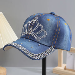 Women Autumn Crown Cotton Denim Baseball Caps Girls Diamond Bling Bling Snapback Hat