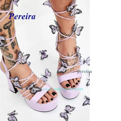 Platform Bling Bling Shoes 2022 Open Toe Butterfly Chunky Heel Sandals Cross Tied Lace Up High Heels Summer Women Shoes Sweet