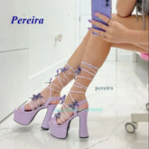 Platform Bling Bling Shoes 2022 Open Toe Butterfly Chunky Heel Sandals Cross Tied Lace Up High Heels Summer Women Shoes Sweet