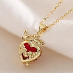 NEWBUY Fashion Gold Color Chain Red Crystal Heart Pendant Necklaces For Women Bling Bling Jewelry