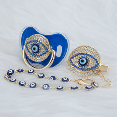 MIYOCAR blue Bling evil eye pacifier and clip set  chain holder bling colorful lovely    AEYE-C