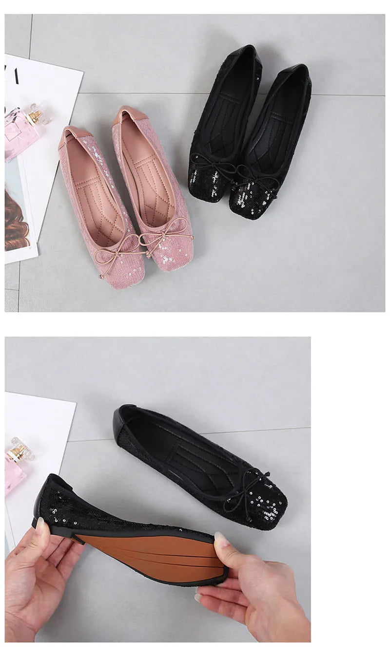 Fashion 2024 Spring Summer Women Flats Elegant Office Lady Bling Shoes Flat Black Pink Plus Size 42 A3298