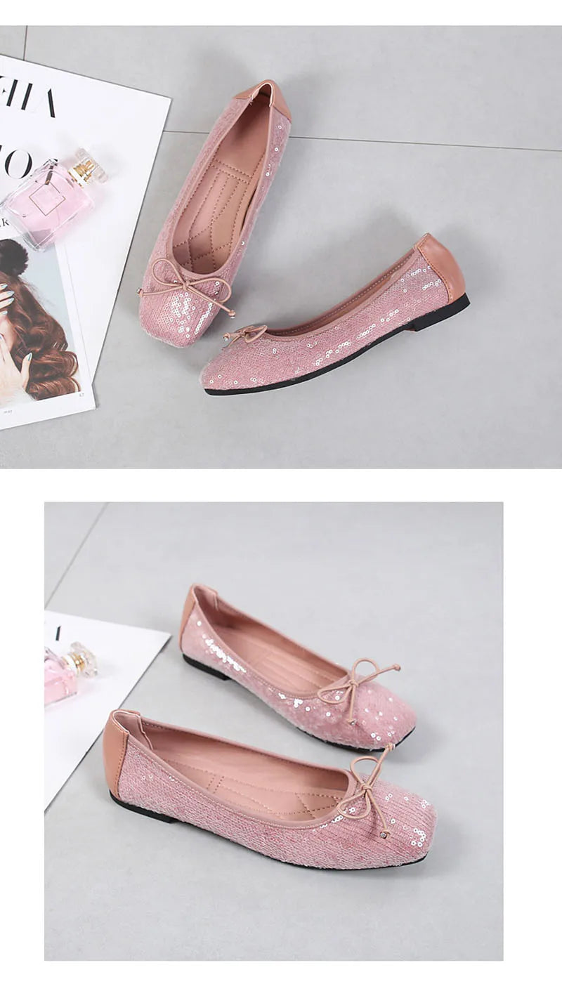 Fashion 2024 Spring Summer Women Flats Elegant Office Lady Bling Shoes Flat Black Pink Plus Size 42 A3298