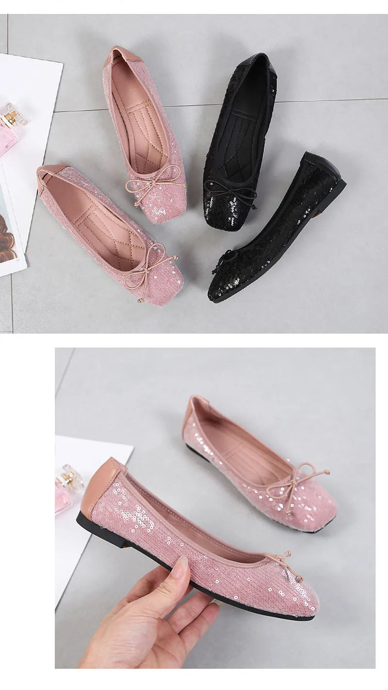 Fashion 2024 Spring Summer Women Flats Elegant Office Lady Bling Shoes Flat Black Pink Plus Size 42 A3298