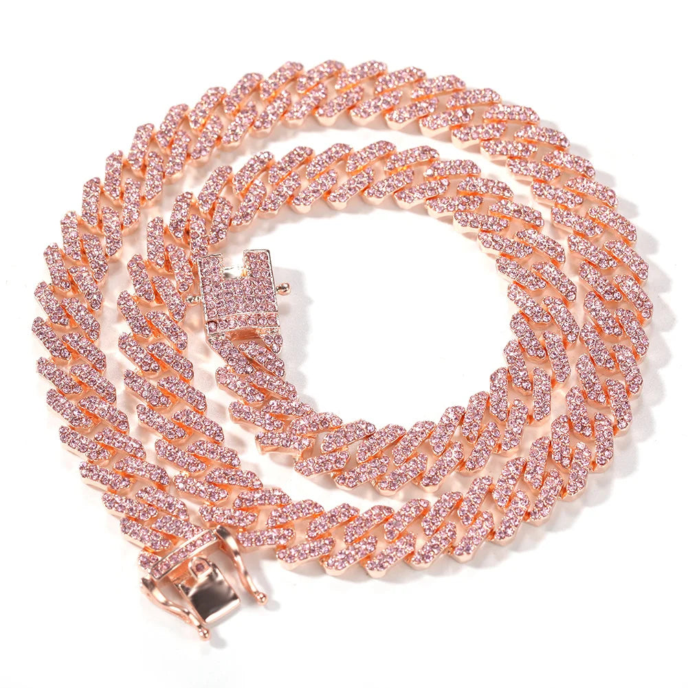 Uwin S-Link Miami RoseGold Color 12mm Cuban Link Pink Rhinestone Necklace Chain Full Bling Punk Bling Bling Charm Hiphop Jewelry