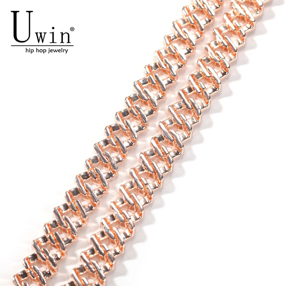 Uwin S-Link Miami RoseGold Color 12mm Cuban Link Pink Rhinestone Necklace Chain Full Bling Punk Bling Bling Charm Hiphop Jewelry