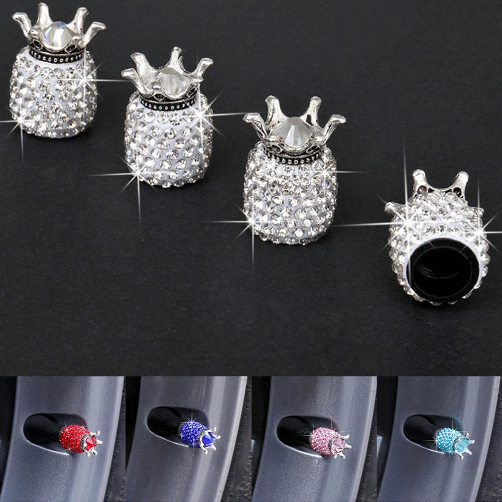 AUTCOAT 4Pcs Valve Stem Caps, Handmade Crystal Rhinestone Universal Car Tire Valve Caps Chrome, Dustproof Bling Car Accessories