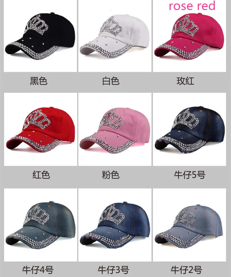 Women  Autumn  Crown Cotton Denim Baseball Caps Girls  Diamond Bling Bling Snapback Hat