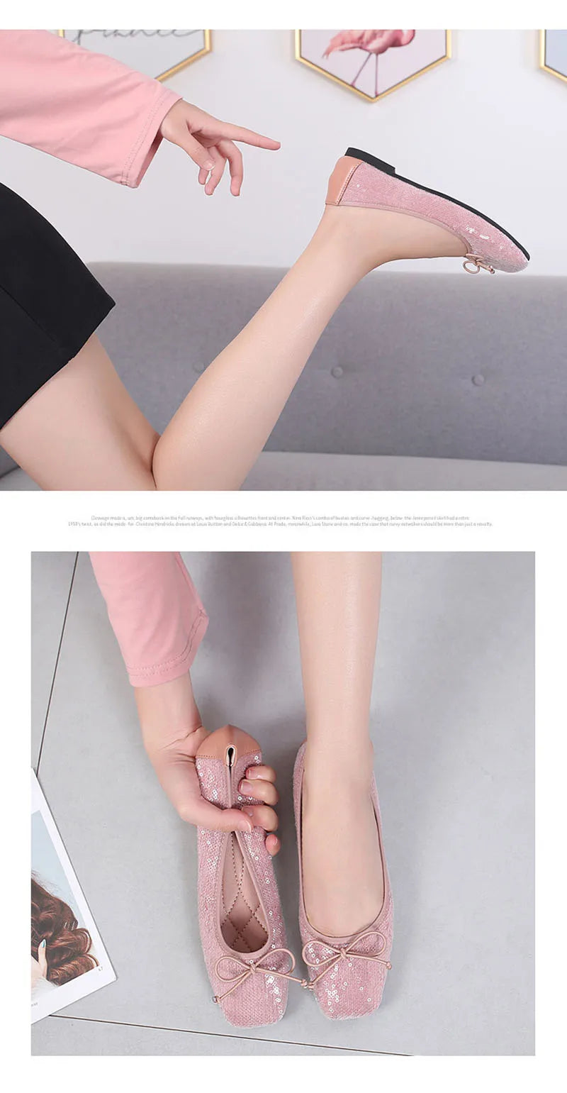 Fashion 2024 Spring Summer Women Flats Elegant Office Lady Bling Shoes Flat Black Pink Plus Size 42 A3298
