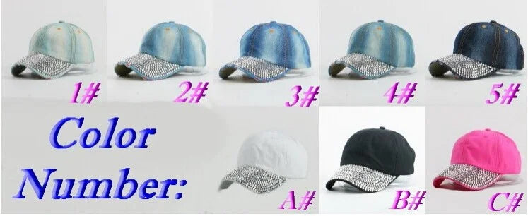 Women  Autumn  Crown Cotton Denim Baseball Caps Girls  Diamond Bling Bling Snapback Hat