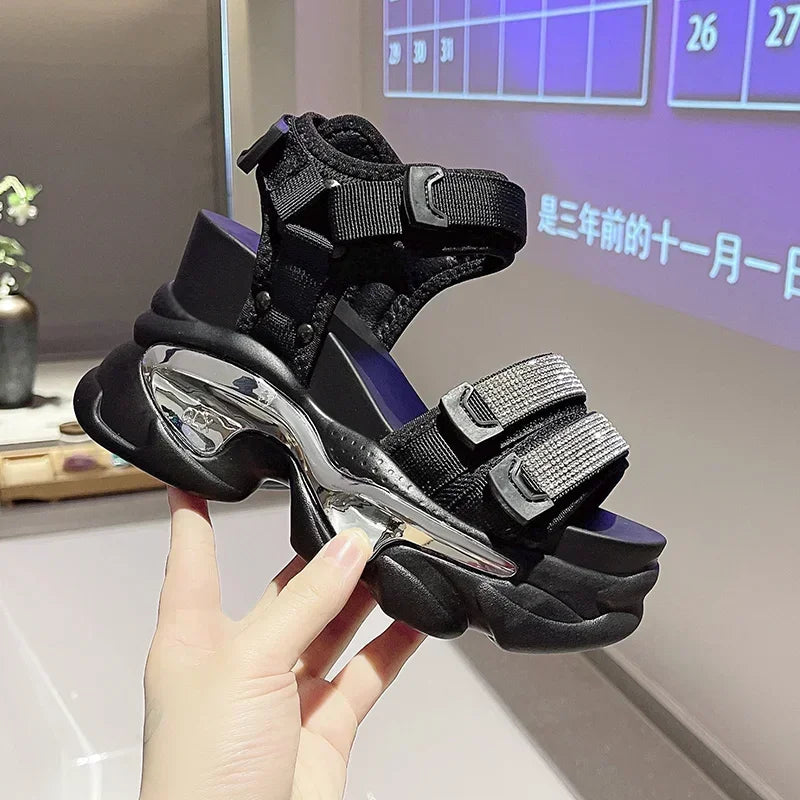 Summer High Platform Women Sandals Buckle 10CM Wedges Bling Shoes Fashion 2023 Outside Chunky Sandals Beach Casual Slides Woman