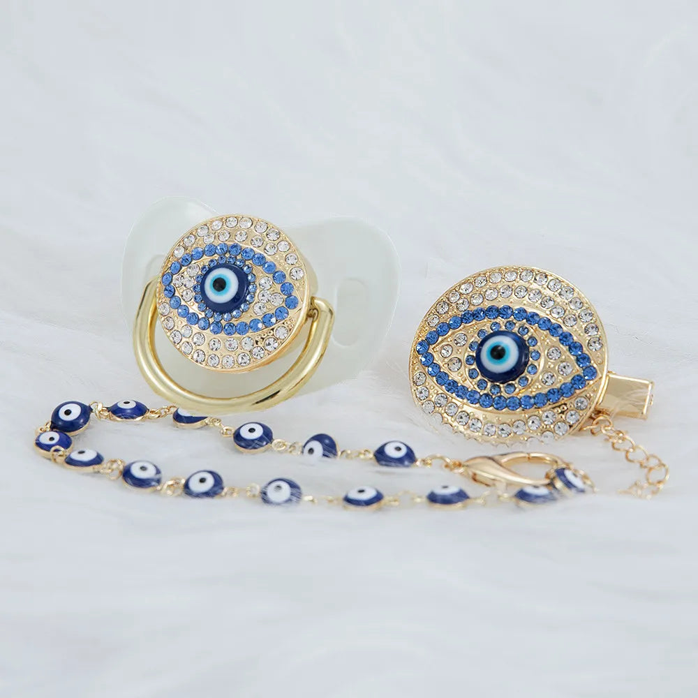 MIYOCAR blue Bling evil eye pacifier and clip set  chain holder bling colorful lovely    AEYE-C
