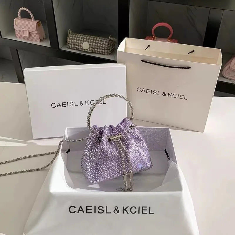 Luxury String Bucket Bag Crystal Shiny Rhinestones Diamond Evening Bag Women's Handbag Wedding Party Clutch Purse Crossbody Bag