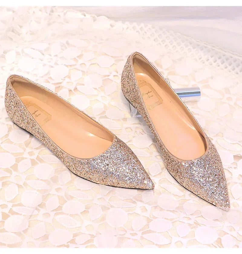 New Fashion Women Flats Pointed toe Brand Ladies Bling Shoes Flat Elegant Pink Gold Silver Big Size 42 DX084