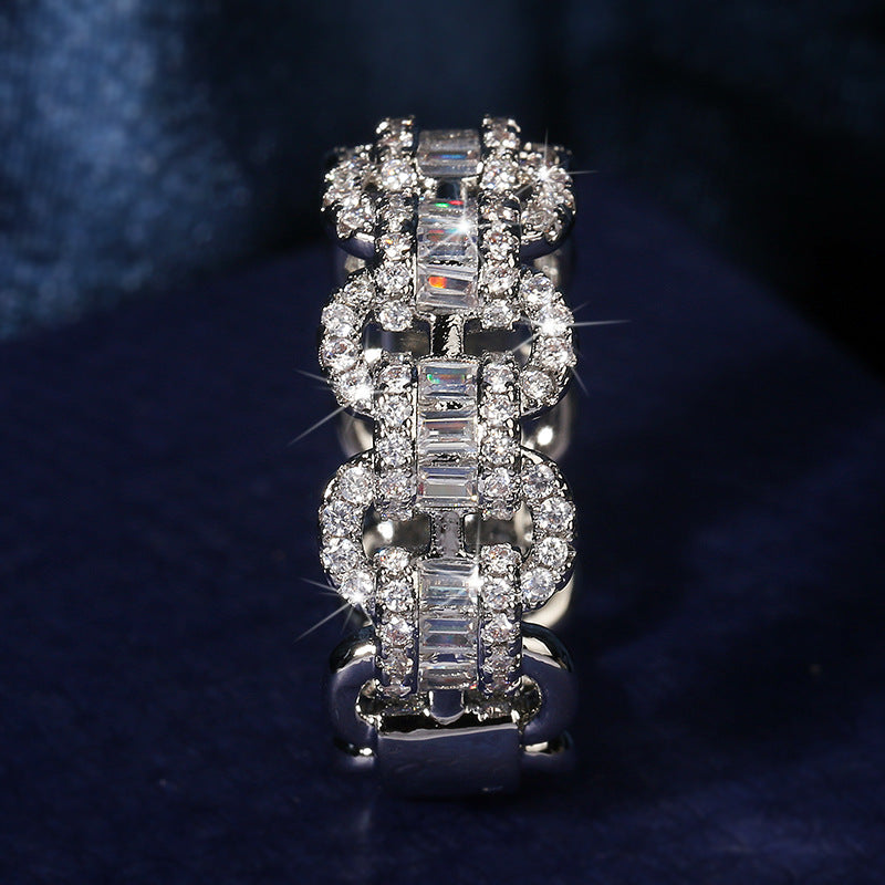 Fashion Luxury Large Row Bling Bling Zircon Rings Women Chain Hip Hop Rings Unisex Jewelry Gifts