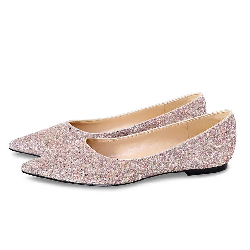 New Fashion Women Flats Pointed toe Brand Ladies Bling Shoes Flat Elegant Pink Gold Silver Big Size 42 DX084