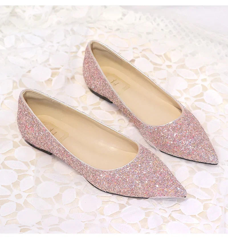 New Fashion Women Flats Pointed toe Brand Ladies Bling Shoes Flat Elegant Pink Gold Silver Big Size 42 DX084