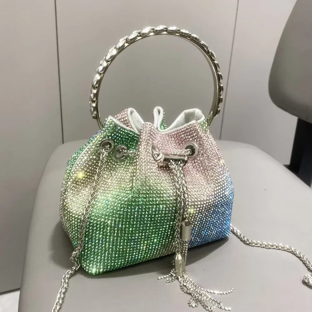 Luxury String Bucket Bag Crystal Shiny Rhinestones Diamond Evening Bag Women's Handbag Wedding Party Clutch Purse Crossbody Bag