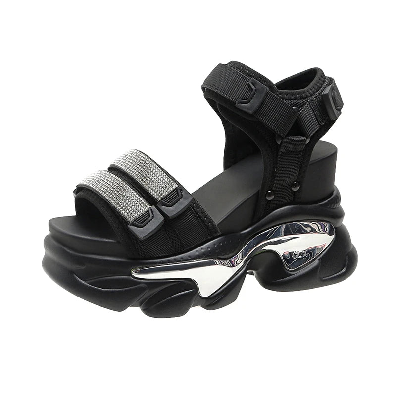 Summer High Platform Women Sandals Buckle 10CM Wedges Bling Shoes Fashion 2023 Outside Chunky Sandals Beach Casual Slides Woman