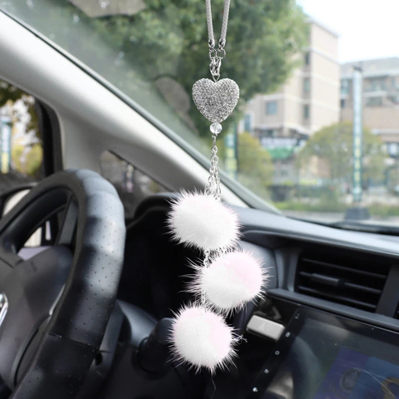 Rhinestone Crystal Plush Pendant Auto Rearview Mirror Ornament Bling Car Mirror Hanging Accessories Car Interior Decoration