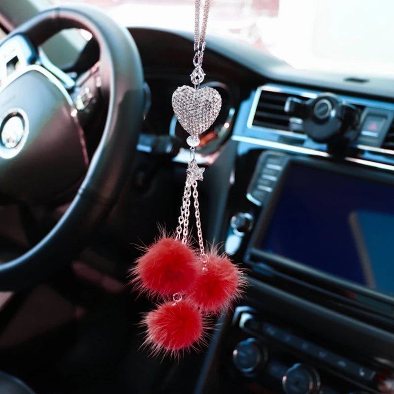 Rhinestone Crystal Plush Pendant Auto Rearview Mirror Ornament Bling Car Mirror Hanging Accessories Car Interior Decoration