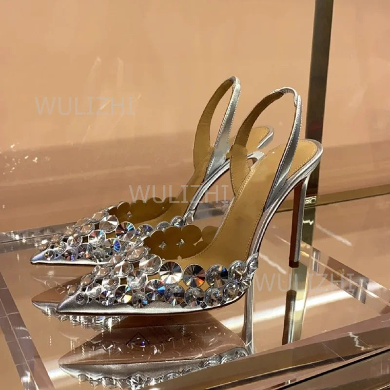 Silver Large Crystal Diamond Heels Sandals Shiny Women Red Leather Gold Slingback Pointed Toe Stiletto Black Bling Shoes Slip On