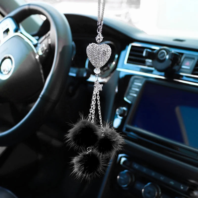 Rhinestone Crystal Plush Pendant Auto Rearview Mirror Ornament Bling Car Mirror Hanging Accessories Car Interior Decoration