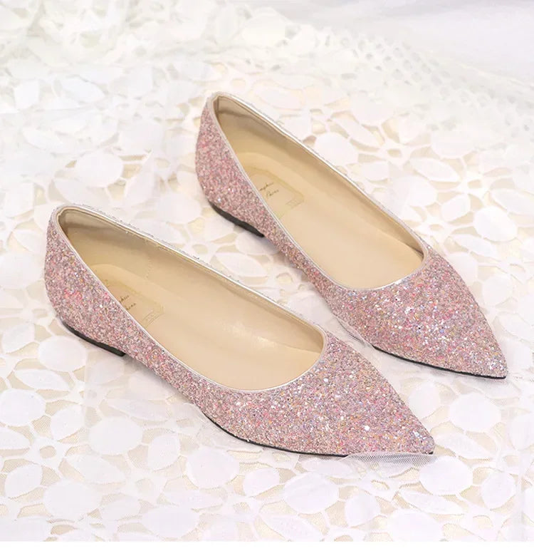 New Fashion Women Flats Pointed toe Brand Ladies Bling Shoes Flat Elegant Pink Gold Silver Big Size 42 DX084
