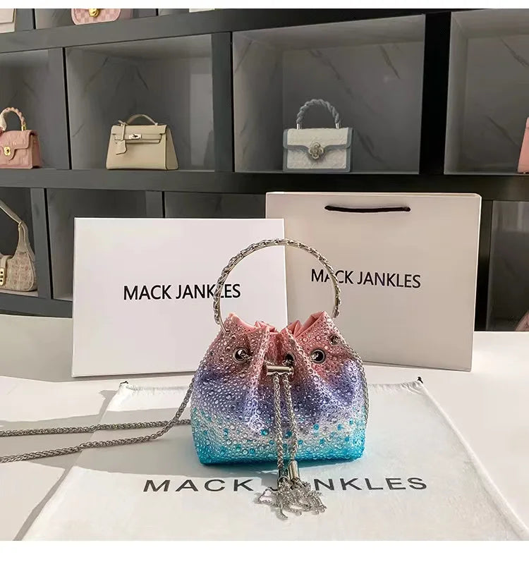 Luxury String Bucket Bag Crystal Shiny Rhinestones Diamond Evening Bag Women's Handbag Wedding Party Clutch Purse Crossbody Bag