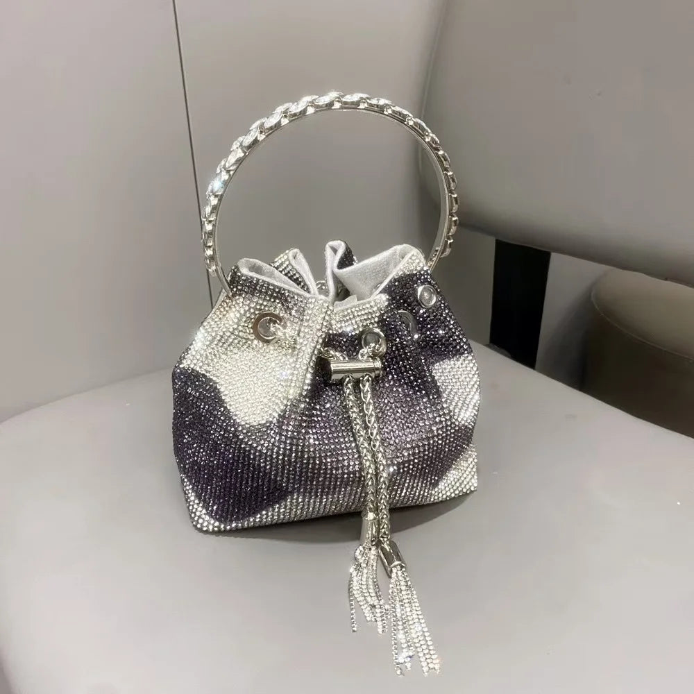 Luxury String Bucket Bag Crystal Shiny Rhinestones Diamond Evening Bag Women's Handbag Wedding Party Clutch Purse Crossbody Bag