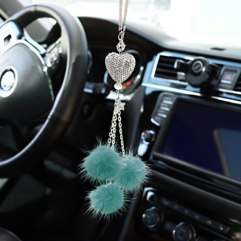 Rhinestone Crystal Plush Pendant Auto Rearview Mirror Ornament Bling Car Mirror Hanging Accessories Car Interior Decoration