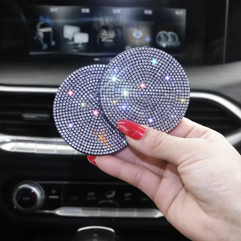 Cute Bling Car Cup Holder Coaster Mat with Rhinestone for Women Girl Universal Anti Slip Automotive Interior Accessories
