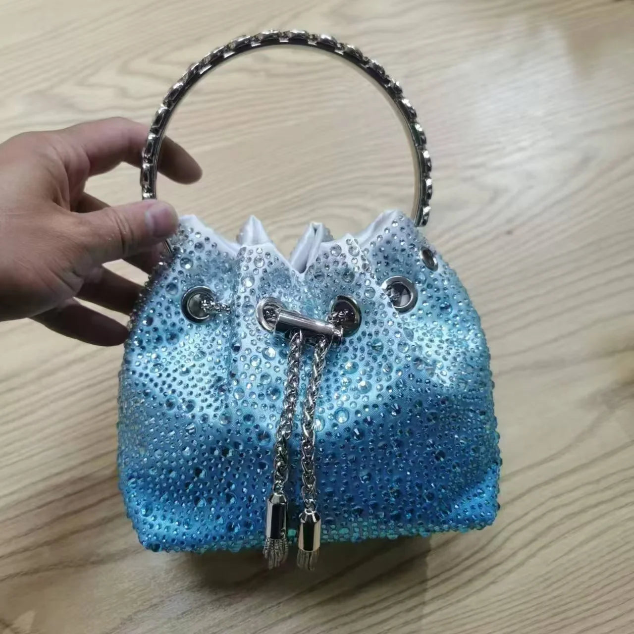 Luxury String Bucket Bag Crystal Shiny Rhinestones Diamond Evening Bag Women's Handbag Wedding Party Clutch Purse Crossbody Bag