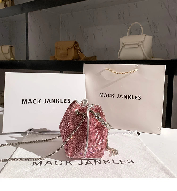 Luxury String Bucket Bag Crystal Shiny Rhinestones Diamond Evening Bag Women's Handbag Wedding Party Clutch Purse Crossbody Bag