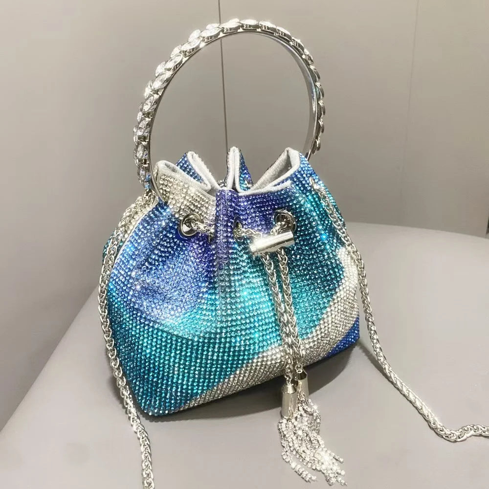 Luxury String Bucket Bag Crystal Shiny Rhinestones Diamond Evening Bag Women's Handbag Wedding Party Clutch Purse Crossbody Bag