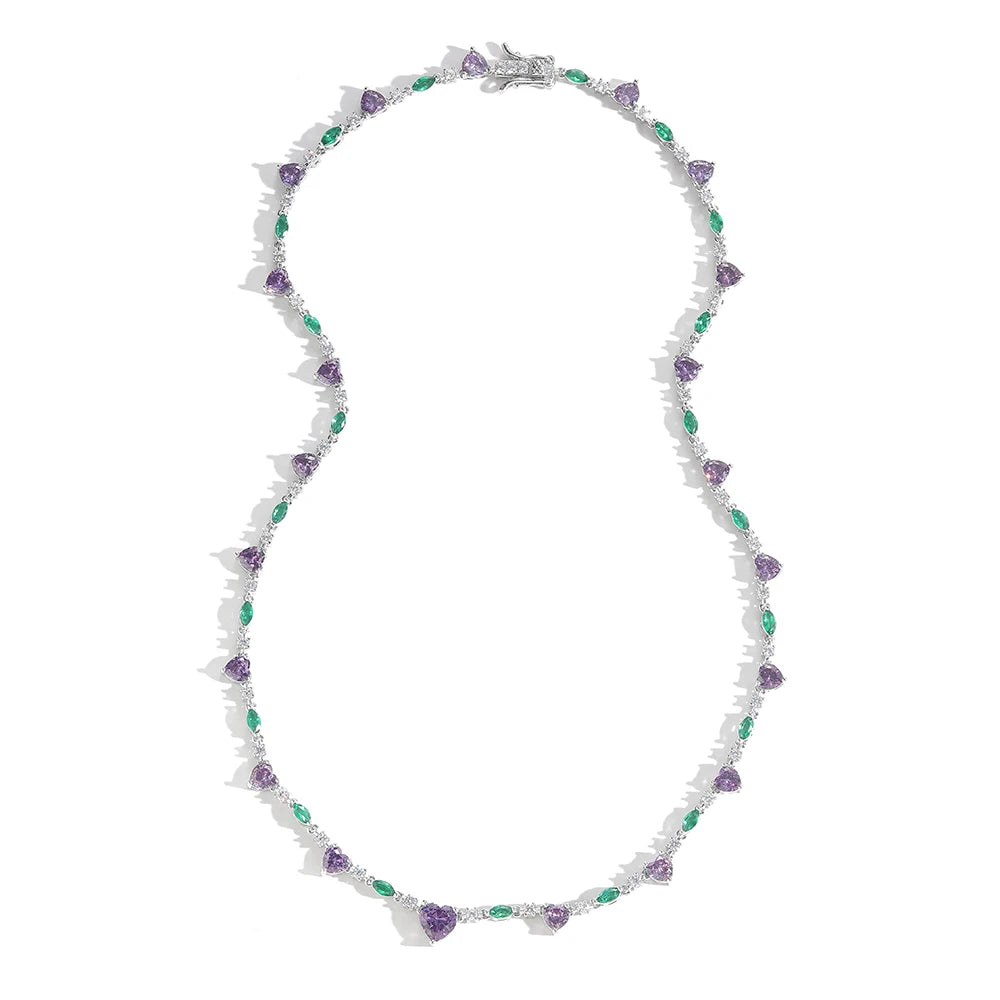 Women Bling Bling Purple Heart Stone Necklace Brass CZ Tennis Chain Necklace  BC182