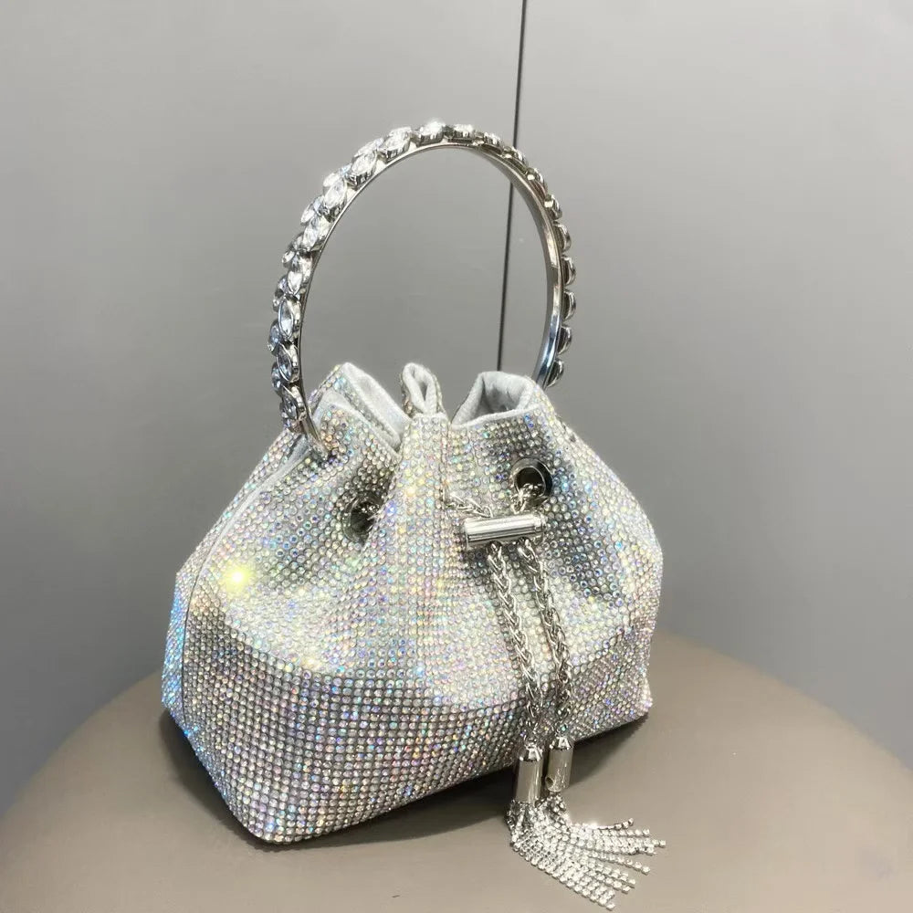 Luxury String Bucket Bag Crystal Shiny Rhinestones Diamond Evening Bag Women's Handbag Wedding Party Clutch Purse Crossbody Bag