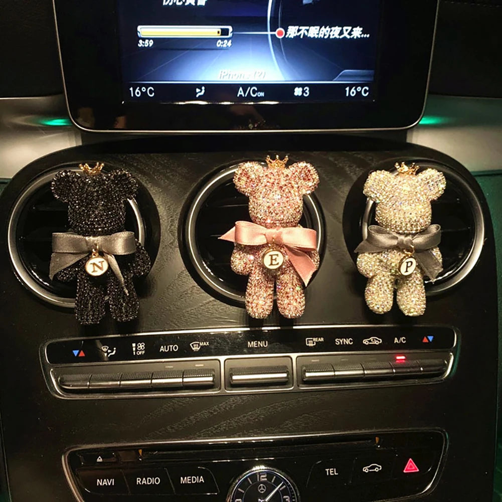 Cartoon Diamond Crystal Bow  Bear Car Pendant Mirror Hanging Ornaments Bling Car Interior Decoration Women Accessories