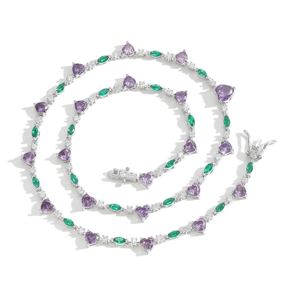 Women Bling Bling Purple Heart Stone Necklace Brass CZ Tennis Chain Necklace  BC182