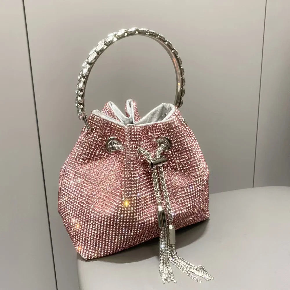 Luxury String Bucket Bag Crystal Shiny Rhinestones Diamond Evening Bag Women's Handbag Wedding Party Clutch Purse Crossbody Bag