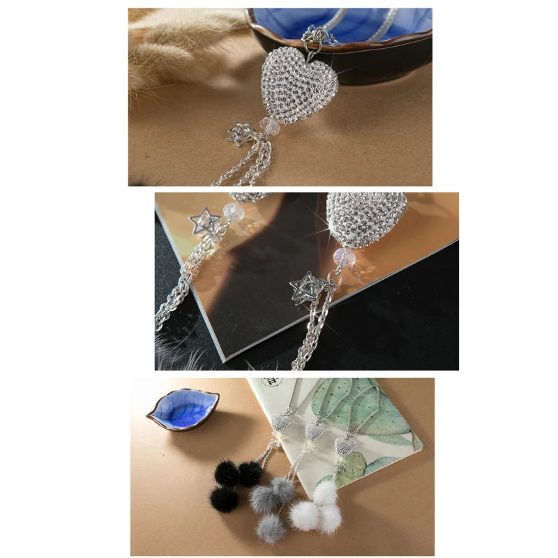 Rhinestone Crystal Plush Pendant Auto Rearview Mirror Ornament Bling Car Mirror Hanging Accessories Car Interior Decoration