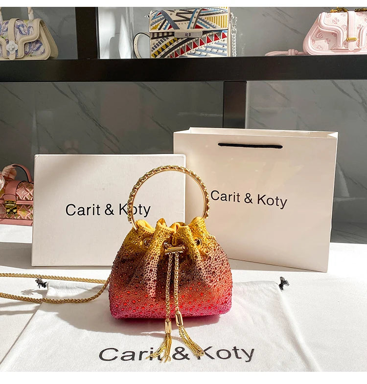 Luxury String Bucket Bag Crystal Shiny Rhinestones Diamond Evening Bag Women's Handbag Wedding Party Clutch Purse Crossbody Bag